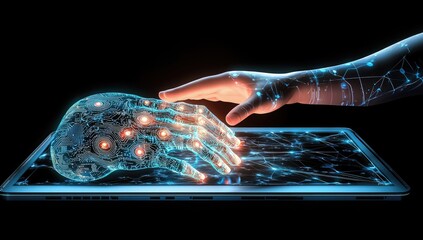 A futuristic robotic hand interacting with a human hand over a tablet.  Complex network designs enhance