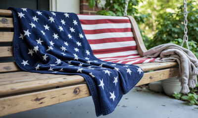 Side View of Minimalist Porch Swing with Folded USA-Themed Blanket