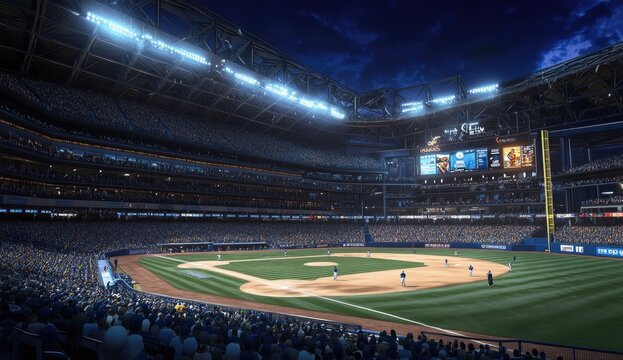 Full stadium view of a baseball game at night.  Large crowd, lit by stadium lights.  Visible playing field.  Modern architecture