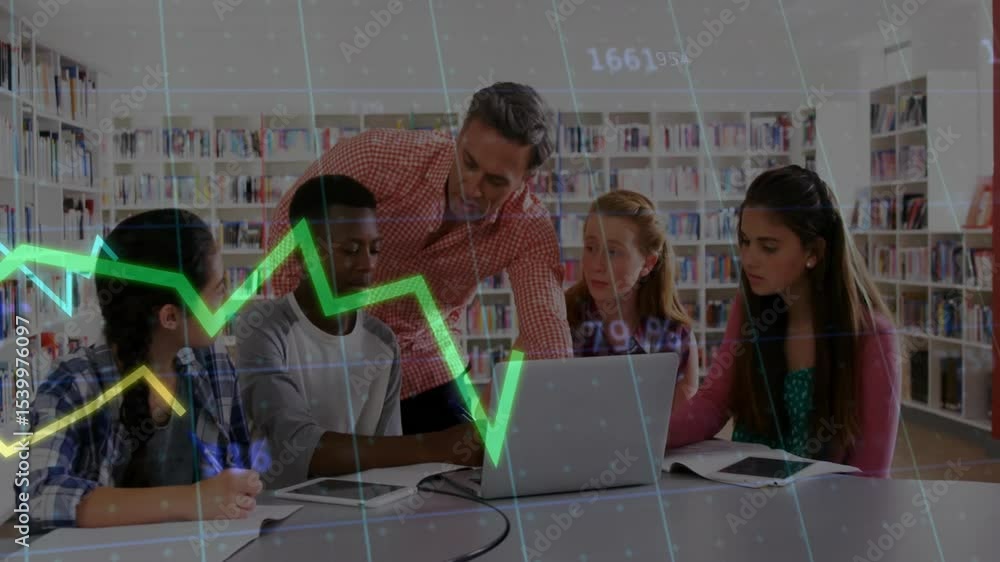 Poster library students tracing rising graph on laptop while appearing data overlays guiding discussion