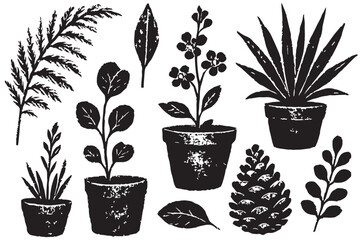 Elegant collection of hand drawn botanical elements, such as potted plants, flowers, and pinecones, rendered in black silhouettes for a minimalist design