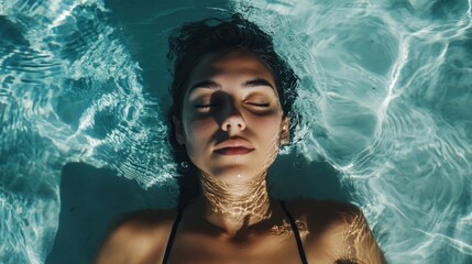 Clear blue water in a swimming pool photo woman face.