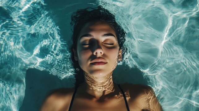 Clear blue water in a swimming pool photo woman face.