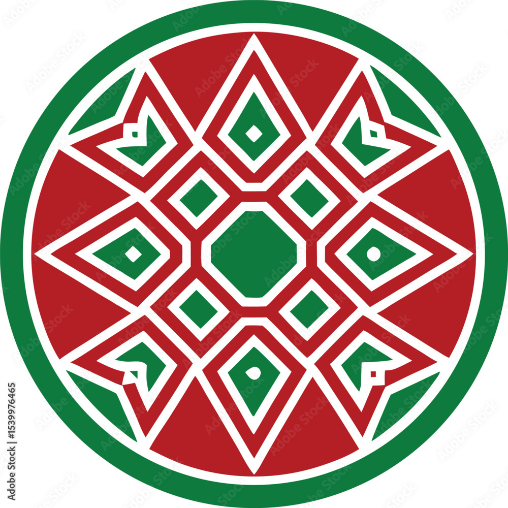 Poster abstract geometric design with red and green elements in a circular pattern