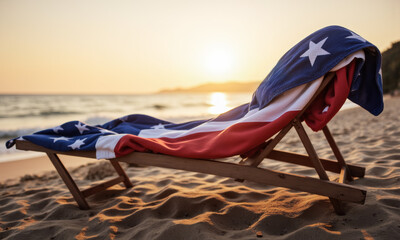 Side View of Flag Towel Draped Over Sun Chair at Golden Hour
