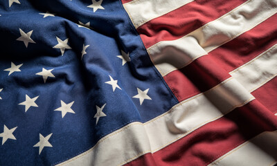 Fototapeta premium Flat Lay of Vintage American Flags on Linen Fabric with Subtle Shadows