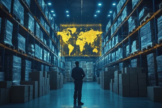 Worker in vast warehouse, global map projection