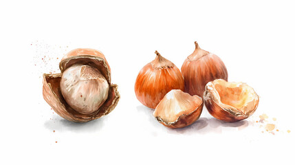 Watercolor Illustration of Hazelnuts with Shell – Whole and Cracked Hazelnuts on White Background