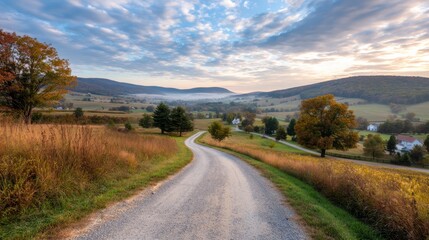 Fototapeta premium Serene sunrise over rolling farmland with misty low fog, winding gravel road, lush green trees, distant farmhouse, warm golden light illuminating fields, tranquil rural landscape