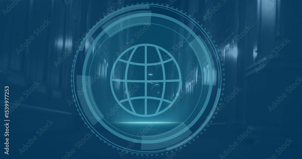 Poster shield icon appearing sparking ring around cybersecurity shifting to scanning globe securing data