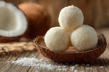 Three snow-white coconut bonbons nestled in a coconut shell,  with shredded coconut and a halved coconut in the background, on a rustic wooden surface
