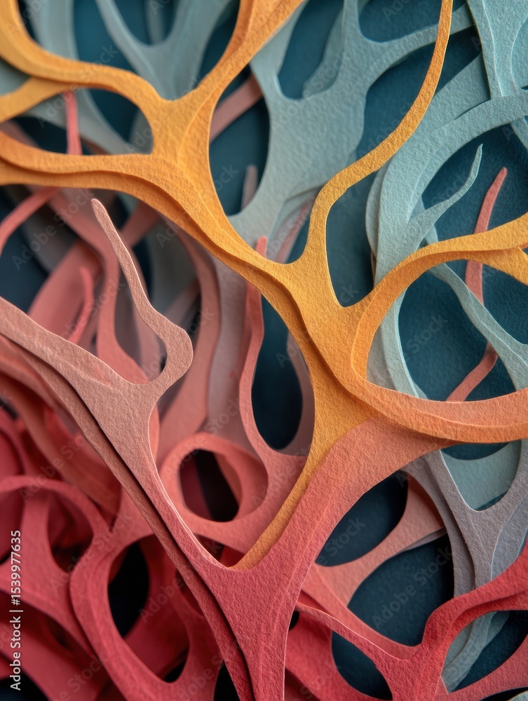 Poster Intricate Paper-Cut Layers Create an Abstract Representation of Intertwining Nerves in Vibrant Colors Against a Dark Background