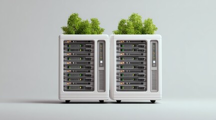 Two white server racks, each topped with lush green plants, stand on a light grey background