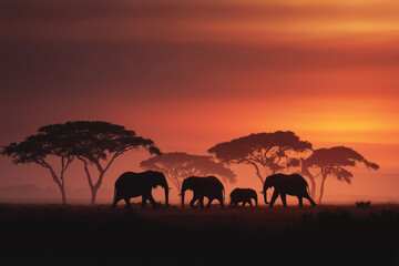 Fototapeta premium elephants at sunset