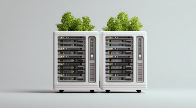 Two white server racks, each topped with lush green plants, stand on a light grey background - Powered by Adobe