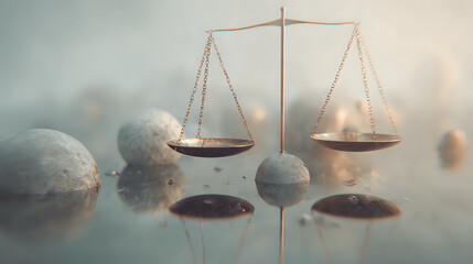 Abstract scene with balance scale on reflective surface