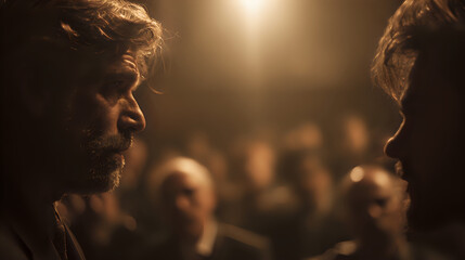 Two individuals in a dimly lit room with a blurred crowd in the background