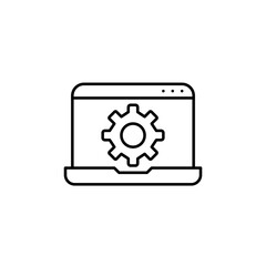 Laptop and cogwheel. System settings, automation tools, technical support, IT and administration. Pixel perfect, editable stroke vector icon