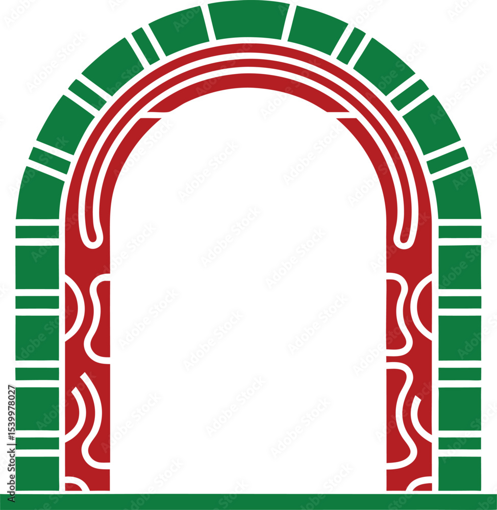 Poster abstract archway design with green and red elements featuring geometric patterns