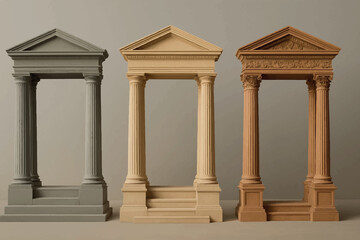 Obraz premium Set of three classical architectural gateways with columns, in varying shades of grey, yellow, and terracotta, showcasing intricate detailing and classical design
