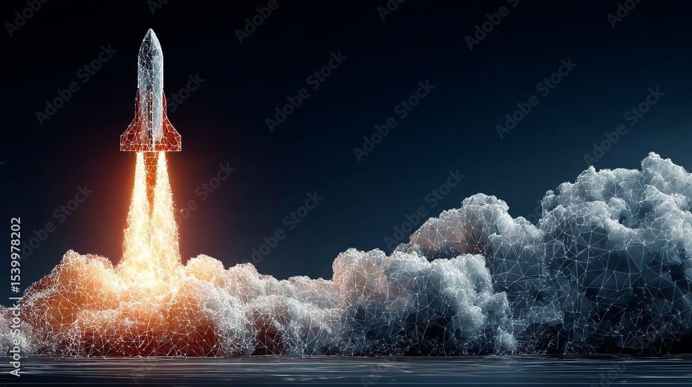 Poster polygonal wireframe spaceship launching abstract business boost and development illustration with di