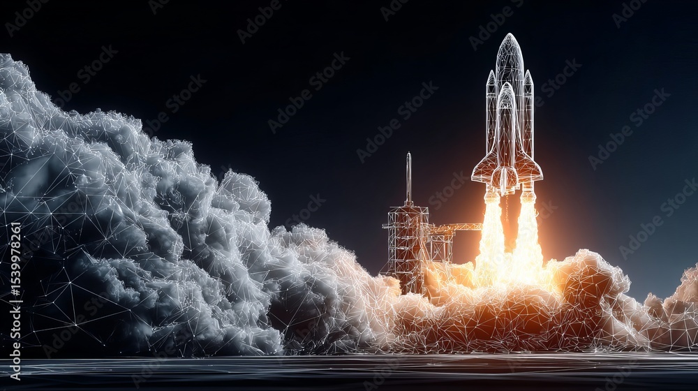 Poster polygonal wireframe spaceship launching abstract business boost and development illustration with di