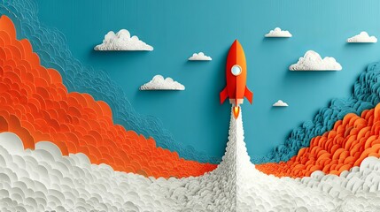 Rocket launch flying through smoke and clouds Startup or business project boost scene Vector illustration with dynamic sky background