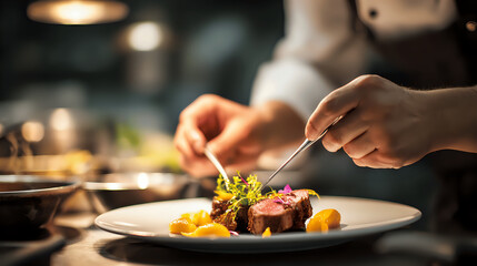 Chef plating a gourmet dish with precision and elegance