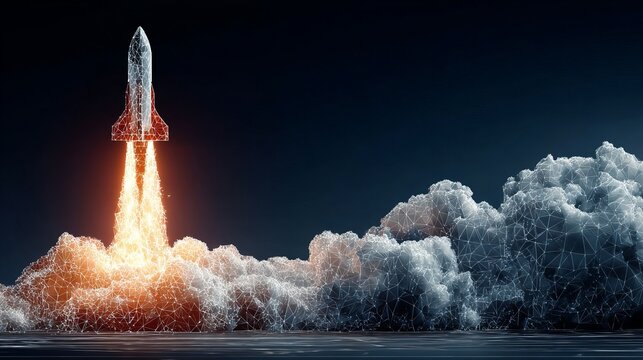 Polygonal wireframe spaceship launching Abstract business boost and development illustration with digital technology background