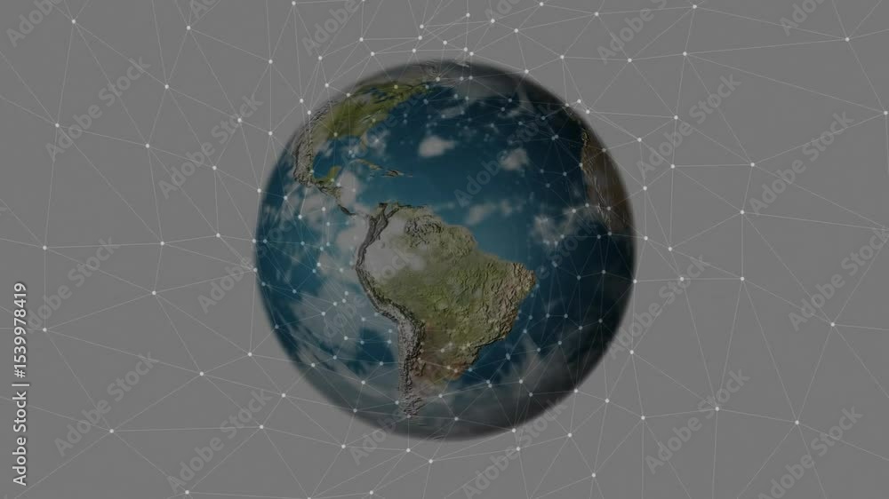 Poster on start 3d earth globe fading and rotating eastward over network grid to illustrate global links