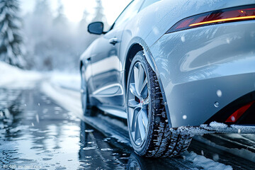 Luxury sports automobile in fresh snow with bright headlights