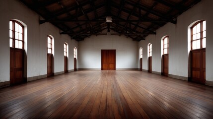 Spacious martial arts dojo interior with polished wooden floor and dramatic lighting, blank copy space for training or competition setting
