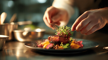 Chef garnishing a gourmet dish with microgreens.