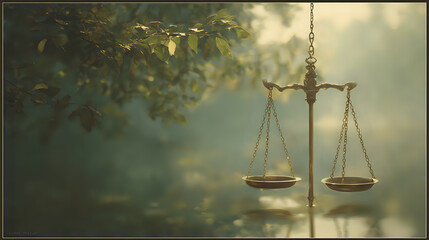 Golden scales of justice hanging in a natural setting with soft lighting