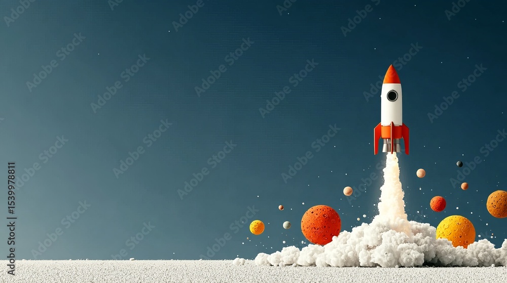 Poster rocket blasts off with planets and stars in space background flat vector illustration of interstella