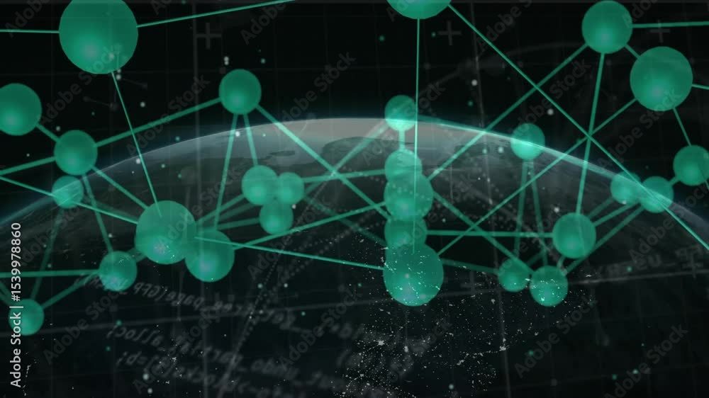 Poster simulation starting showing teal-green sphere network pivoting and rotating, visualizing data flow