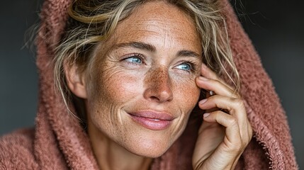 Realistic view of middleaged woman in bathrobe applying serum on forehead after shower Beauty care with space for text