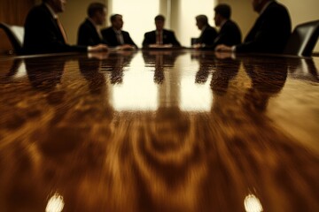 Business meeting in progress.  Silhouettes of men in suits seated around a polished wooden conference table.  Low-angle view emphasizing the table's surface