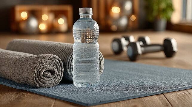 Reusable water bottle and dumbbells on yoga mat Fitness objects on soft surface Closeup health and wellness illustration