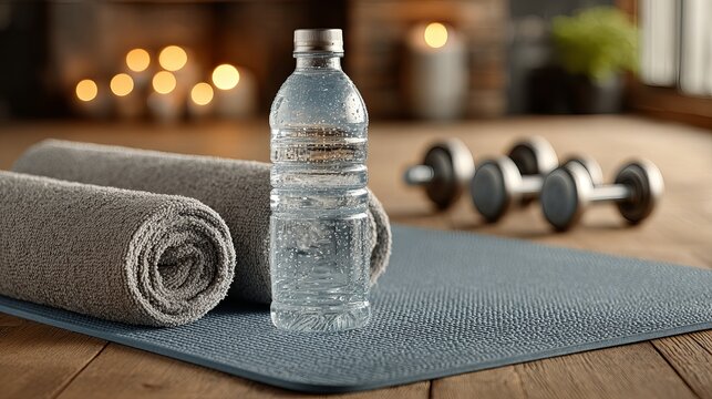 Reusable water bottle and dumbbells on yoga mat Fitness objects on soft surface Closeup health and wellness illustration - Powered by Adobe