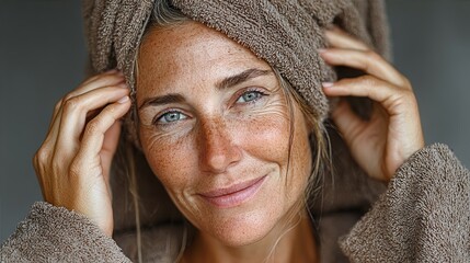 Realistic view of middleaged woman in bathrobe applying serum on forehead after shower Beauty care with space for text