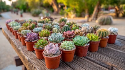 Vibrant succulent and cactus variety display in terracotta pots on rustic wooden table in sunlit outdoor desert setting with lush green background