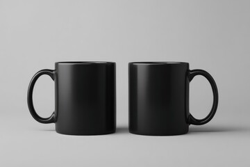 Two matte black coffee mugs sit side-by-side on a light grey background, handles to the right