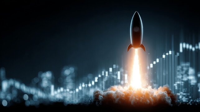 Rocket with glowing financial chart Abstract stock market candlestick launch Technology illustration for digital investment growth background