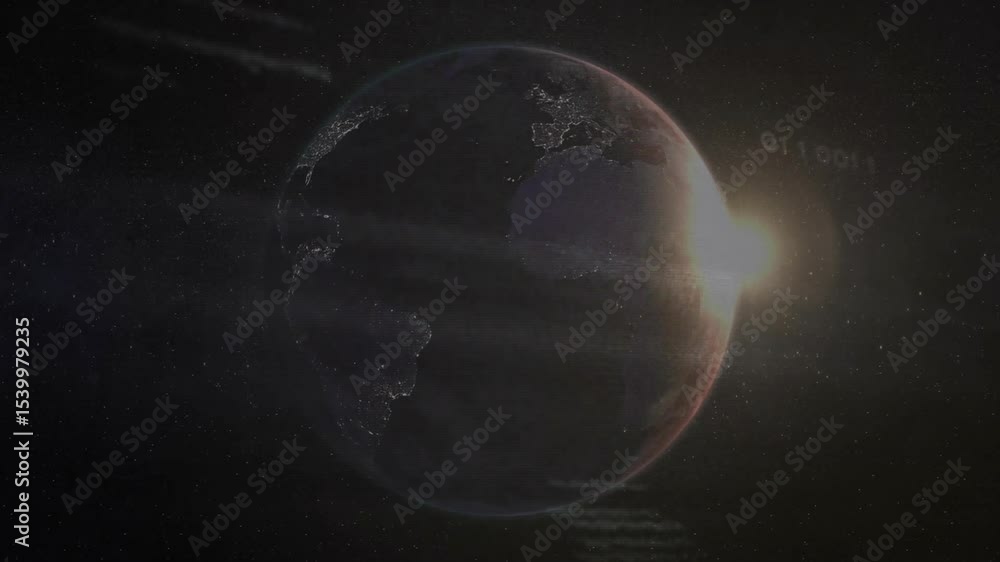 Poster bright light appearing at edge starting rotating digital globe scanning lines and pulsing circuits