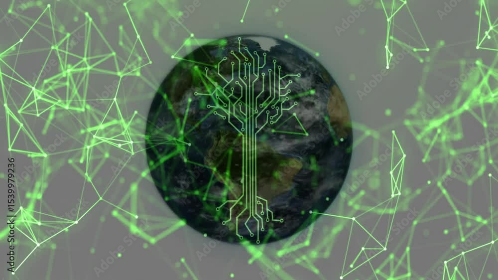 Aufkleber upon green lines drifting, 3d globe rotating and growing circuit-tree showing network expansion