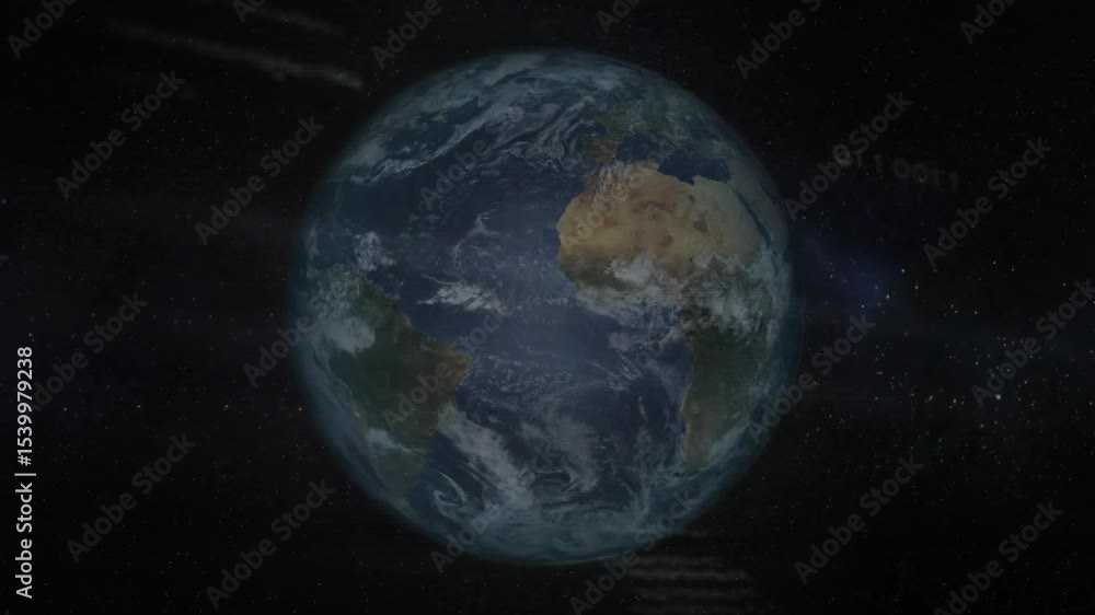 Poster 3d globe appearing, rotating westward, streaming data and pulsing circuits showing data flow