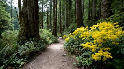 Serene forest trail with vibrant wildflowers and tall ancient trees sunlight filtering through canopy