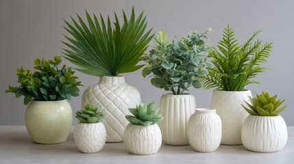Stylish indoor plant arrangement with green foliage in modern white vases on light wood surface against soft gray wall