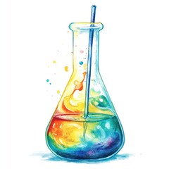 Colorful science flask with rainbow liquid and straw